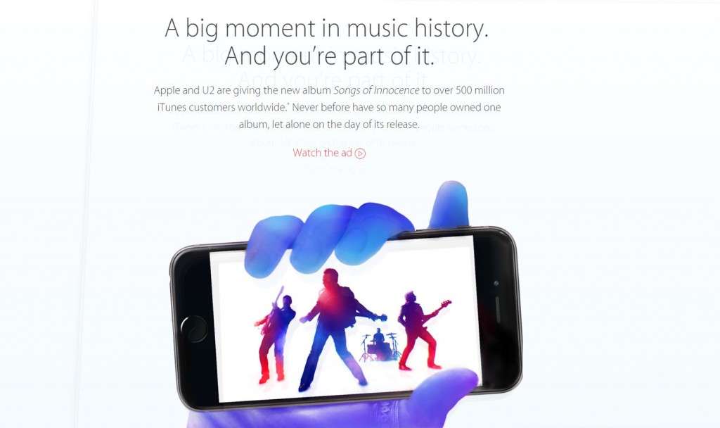 Screen grab of the Apple web announcement about the U2 advert being available to iTunes customers