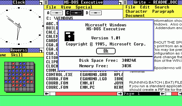 Screenshot of Microsoft Windows 1.0 operating environment (used with permission from Microsoft - photo from Wikepedia)