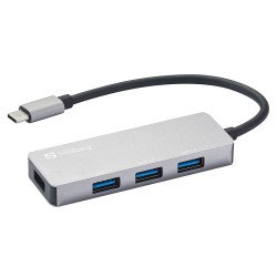 Sandberg External 4-Port USB-A Hub - USB-C Male 1x USB 3.0 & 3x USB 2.0 Aluminium USB Powered