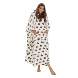 Huggable Hoodie Adults Supersoft Heart Print Lounge Poncho - One Size - Cream