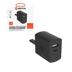 Griffin Powerblock Dual USB-C 15W and USB-A 18W Wall Charger UK Plug - Black