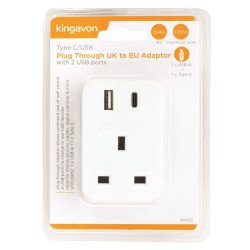 Kingavon Euro Travel Adapter Plug Through UK to EU With 2 USB Ports
