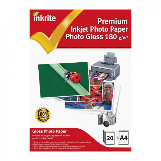 Inkrite Premium Quality Inkjet Photo Paper - A4 Photo Gloss 180gsm - 20 Sheets