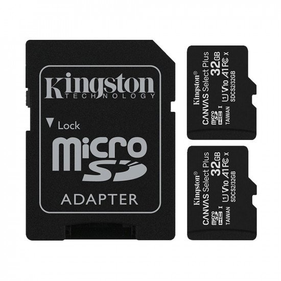 Kingston Canvas Select Plus MicroSDXC Memory Card 100MB/s UHS-1 U1 A1 V10 Class 10 with 1 x Adapter - Twin Pack - 32GB