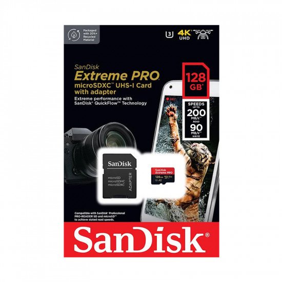 SanDisk Extreme Pro Micro SD Memory Card Class 10 UHS-1 U3 V30 UHD 4K A2 200MB/s Inc SD Card Adapter - 128GB