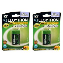 Lloytron 9V PP3 Rechargeable Batteries NiMH ACCU 250mAh Capacity - 2 Pack 