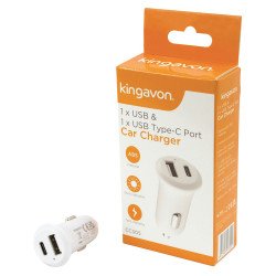 Kingavon In-Car USB Charger USB Type C  and USB A - White