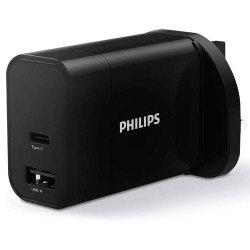 Philips Dual USB-C and USB-A 30W Ultra Fast Wall Charger UK Plug - Black