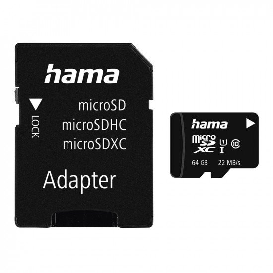 Hama Micro SD Card SDHC Class 10 22MB/s + Adapter - 64GB