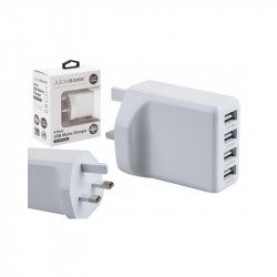 Juice Bank 4 Port 2.4AMP Mains to USB Charger - White