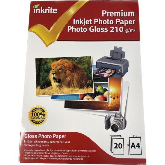 Inkrite Premium Quality Inkjet Photo Paper - A4 Photo Gloss 210gsm - 20 Sheets