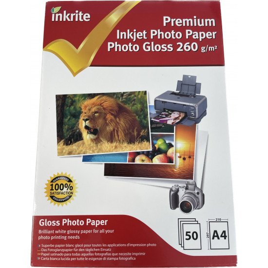 Inkrite Premium Quality Inkjet Photo Paper - A4 Photo Gloss 260gsm - 50 Sheets