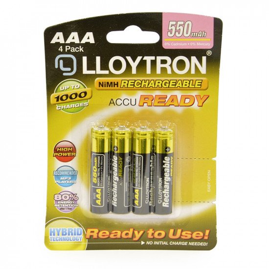 Lloytron AAA Rechargeable Batteries NiMH ACCU Ready 550mAh - Ready To Use - 4 Pack