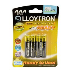 Lloytron AAA Rechargeable Batteries NiMH ACCU Ready 800mAh - Ready To Use - 4 Pack