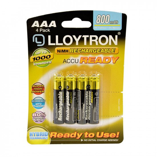 Lloytron AAA Rechargeable Batteries NiMH ACCUReady 800mAh - Ready To Use - 4 Pack