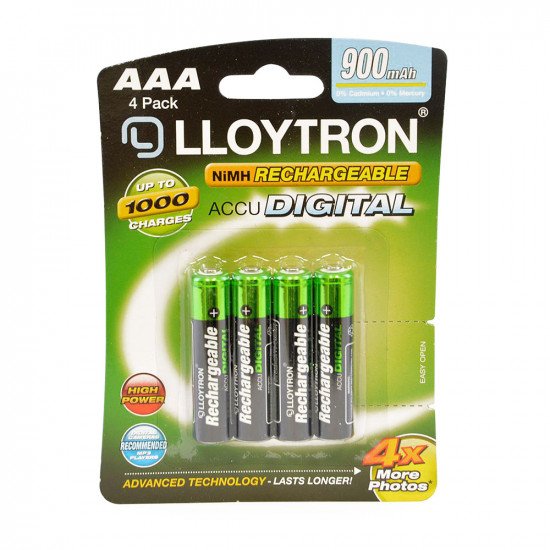 Lloytron AAA Rechargeable Batteries NiMH ACCU Digital 900mAh - 4 Pack