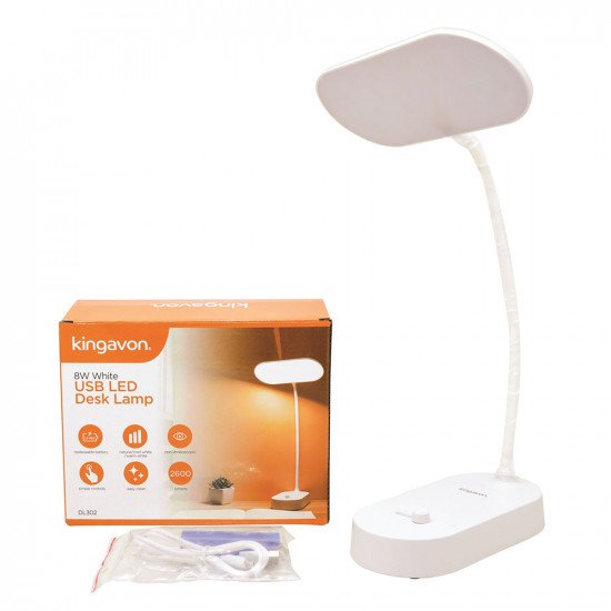 Kingavon 8W Rechargeable USB LED Flexible Bedside Table Reading Desk Lamp - White