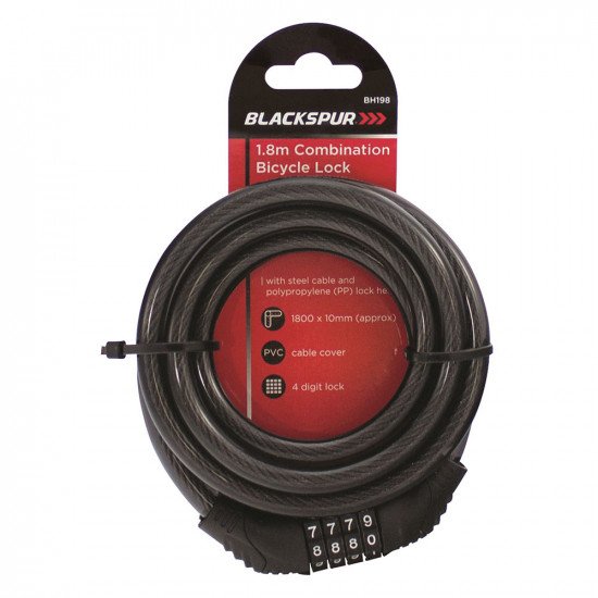 Blackspur Bicycle Combination Spiral Cable Bike/Bicycle Lock 10mm x 1.8m - Black