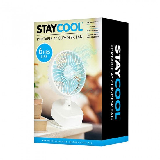 StayCool Mini 4'' Portable USB Rechargeable Clip Desk Fan - White