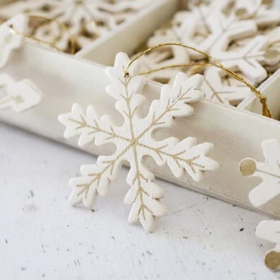 Wooden Snowflake Christmas Tree Decorations Cream & Gold x 24