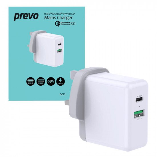 Prevo QC72 USB Type-C & USB Type-A Fast Charge Mains Charger with Qualcomm Quick Charge 3.0