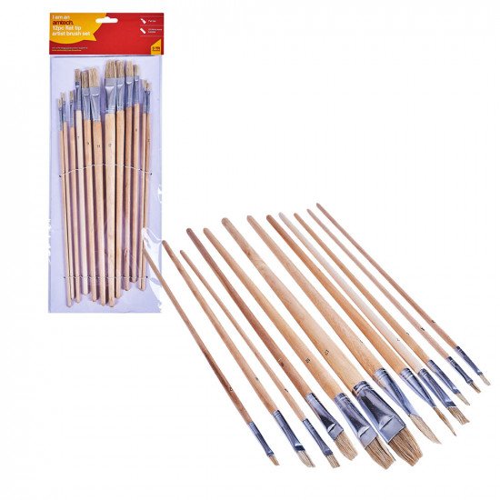 Amtech Flat Tip Art Paint Brush Set - 12 Pack