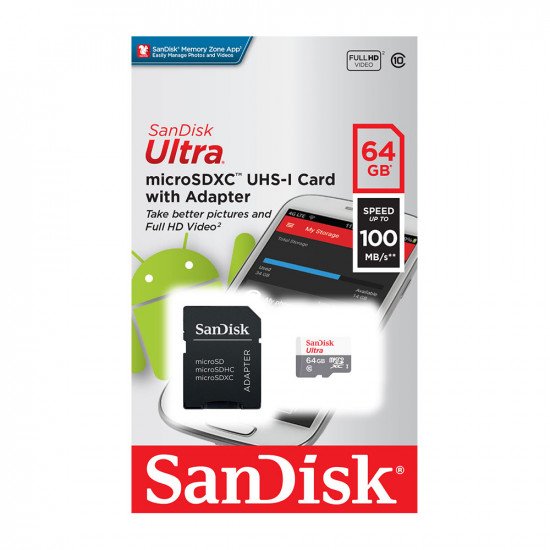 SanDisk Ultra MicroSDXC Class 10 A1 UHS-1 Memory Card with Adapter 100Mbps - 64GB