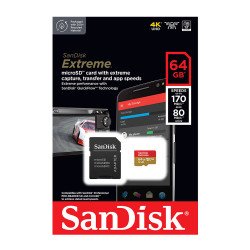 SanDisk Extreme Micro SDXC Micro SD Memory Card U3 A2 V30 4K 170MB/s with Full Size SD Card Adapter - 64GB 