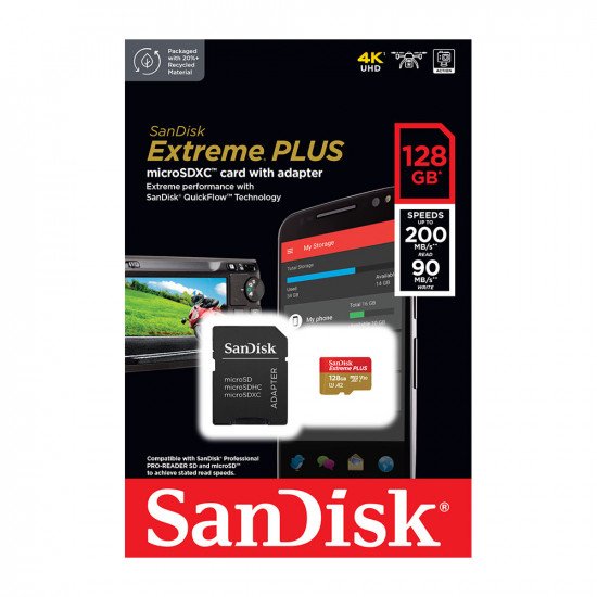 SanDisk Extreme Plus Micro SDXC Micro SD Memory Card Class 10 UHD-1 U3 V30 200MB/s with Full Size SD Card Adapter - 128GB