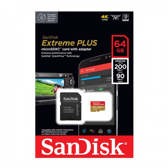 SanDisk Extreme Plus Micro SD SDXC Memory Card U3 UHD 4K A2 V30 200MB/s with SD Card Adapter - 64GB