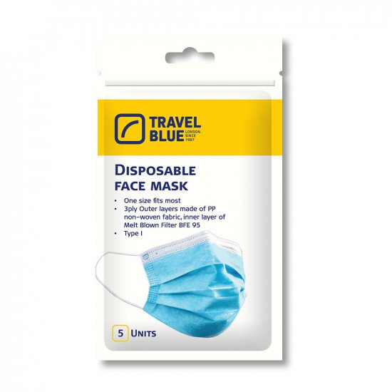 Travel Blue Disposable Protective Face Masks Pack of 5, 3 PLY  - One Size