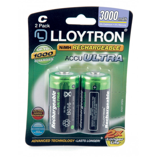 Lloytron C Cell LR14 Rechargeable Batteries NiMH ACCU ULTRA 3000mAh Capacity - 2 Pack