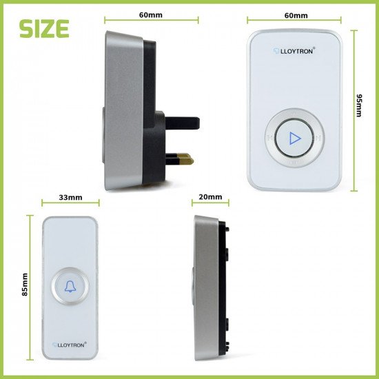 Lloytron MIP3 Wireless Door Bell Kit  32 Melody Mains Chime Unit with Door Bell Push - White