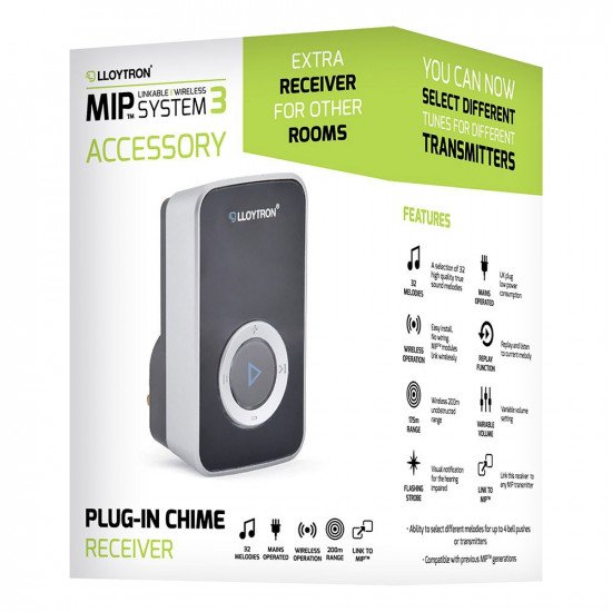 Lloytron MIP3 Wireless Door Bell System - Spare Mains Chime Receiver Unit - Black