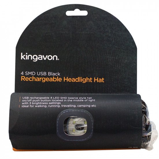 Kingavon Beanie Hat with Built-in 4 SMD LED Head Light, Head Lamp - 3 Mode USB Rechargeable - Black