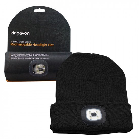 Kingavon Beanie Hat with Built-in 4 SMD LED Head Light, Head Lamp - 3 Mode USB Rechargeable - Black
