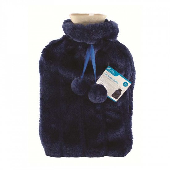 Ashley Hot Water Bottle With Plush Faux Fur Cover - Dark Blue