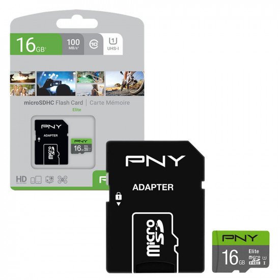 PNY Elite MicroSD Memory Card Class 10 100MB/s HD and 4K UHS-1 U1 with SD Adapter - 16GB 