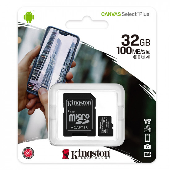 Kingston Canvas Select Plus MicroSDHC Memory Card 100MB/s UHS-1 U1 A1 V30 Class 10 with Adapter - 32GB