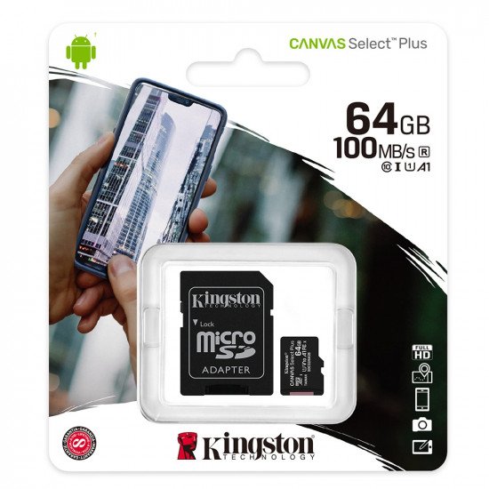 Kingston Canvas Select Plus MicroSDXC Memory Card 100MB/s UHS-1 U1 A1 V30 Class 10 with Adapter - 64GB