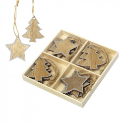 Wooden Christmas Tree Decorations - Xmas Trees and Stars With Glitter x 12