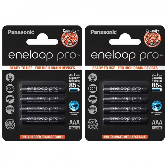 Panasonic Eneloop PRO AAA Rechargeable NiMh Batteries 930mAh Capacity - Extra Value 8 Pack