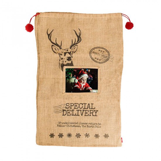 Personalised Traditional Christmas Hessian Santa Sack/Stocking - North Pole Special Delivery With Pom Poms - Large