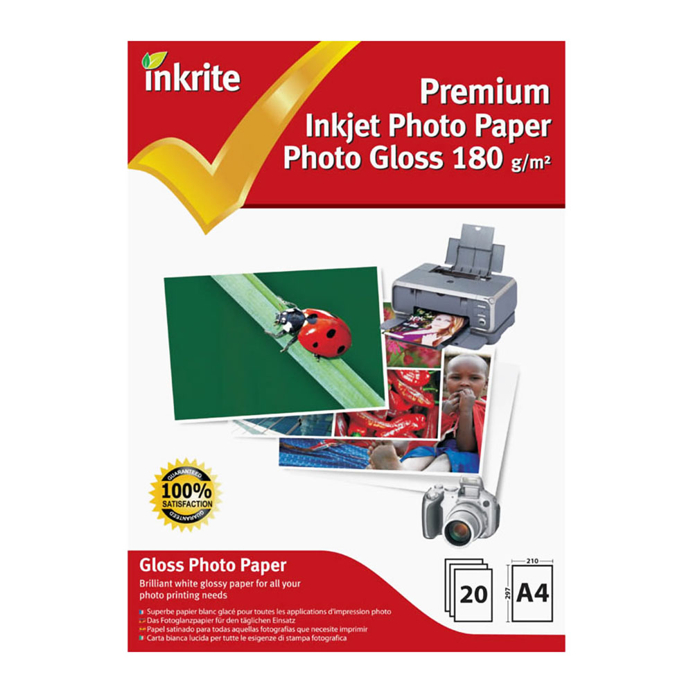 Inkrite Premium Quality Inkjet Photo Paper A4 Photo Gloss 180gsm 20 Sheets