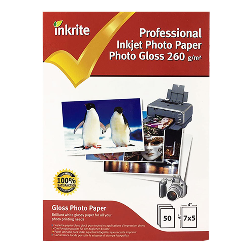 Inkrite Premium Quality Inkjet Photo Paper 7x5 Photo Gloss 260gsm 50 Sheets