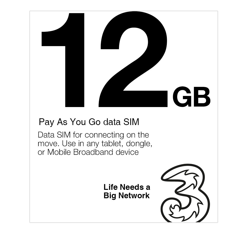 3 PAYG 4G Trio Data SIM Pack Preloaded with 12GB of Data Three Size Card - UK    WORLDWIDE