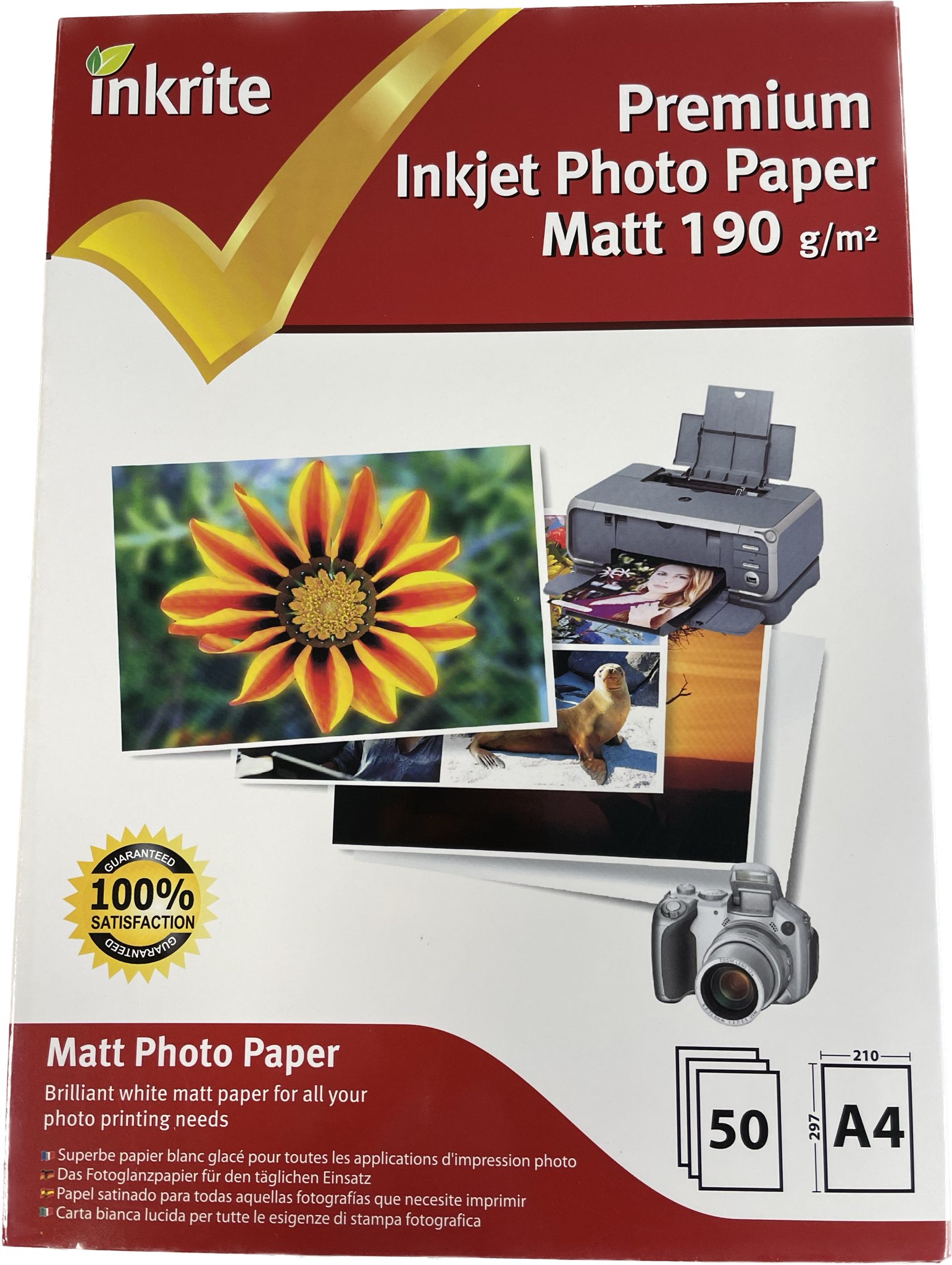 Inkrite Premium Quality Inkjet Photo Paper A4 Matt 190gsm 50 Sheets
