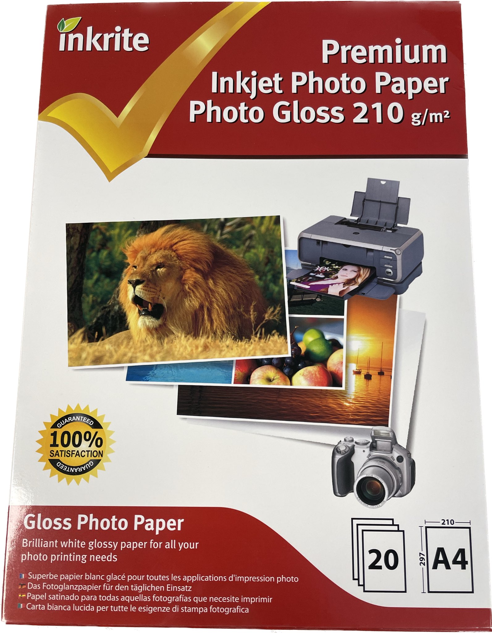 Inkrite Premium Quality Inkjet Photo Paper A4 Photo Gloss 210gsm 20 Sheets