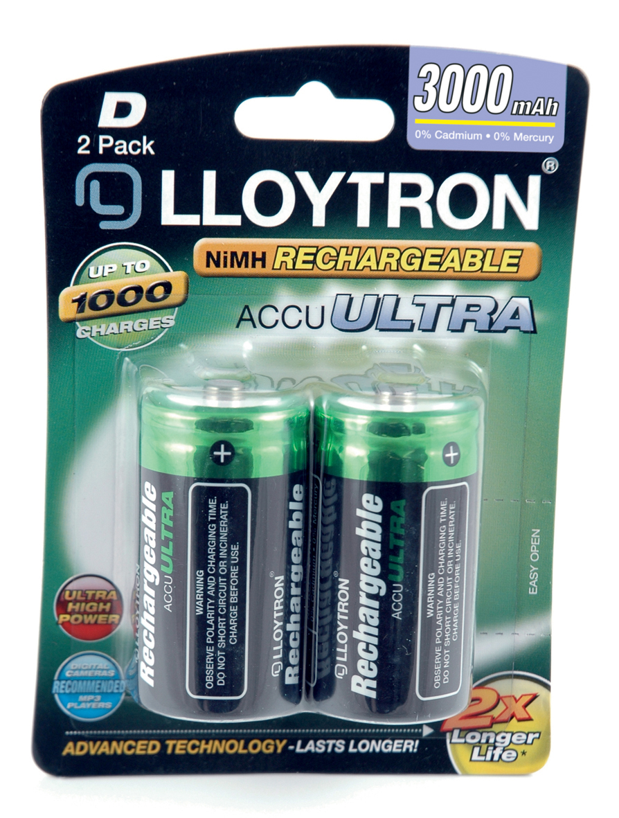 Lloytron ACCU ULTRA D Cell Rechargeable Batteries NiMH 3000mAh Capacity - 2 Pack