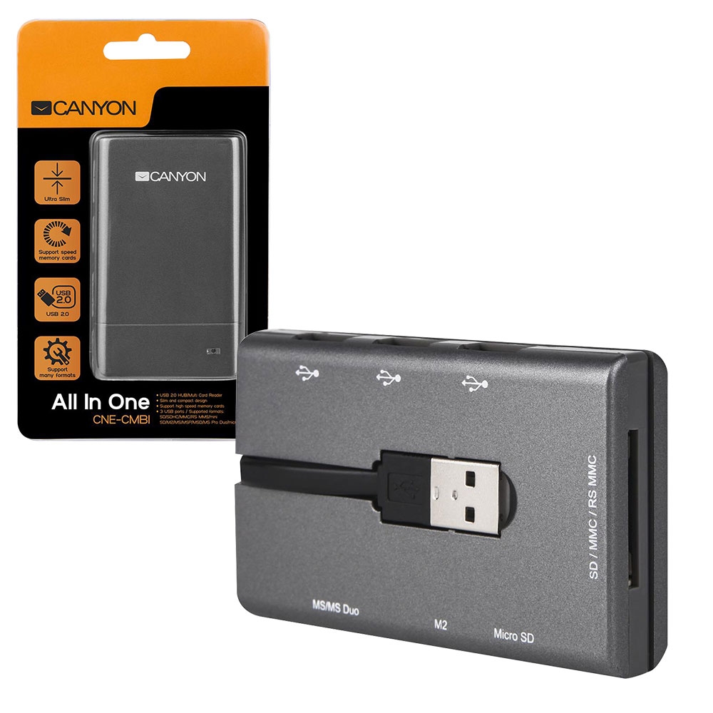 CANYON Multi Use / Combo Universal Memory Card Reader and 3 Port USB Hub